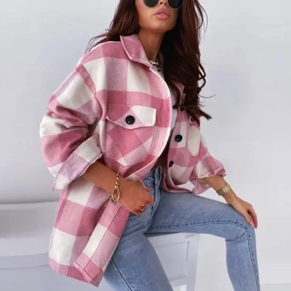 Beautiful Soft Comfy Cream Pink Plaid Checker Cozy Brush Button Pocket Shacket - Picture 3 of 8